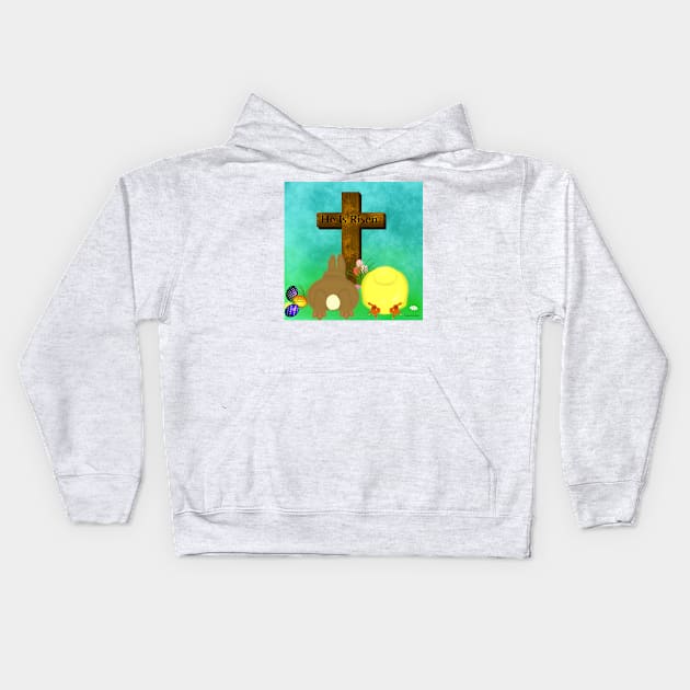 He Is Risen! The Easter Bunny and Chick Bow to Cross Kids Hoodie by ButterflyInTheAttic